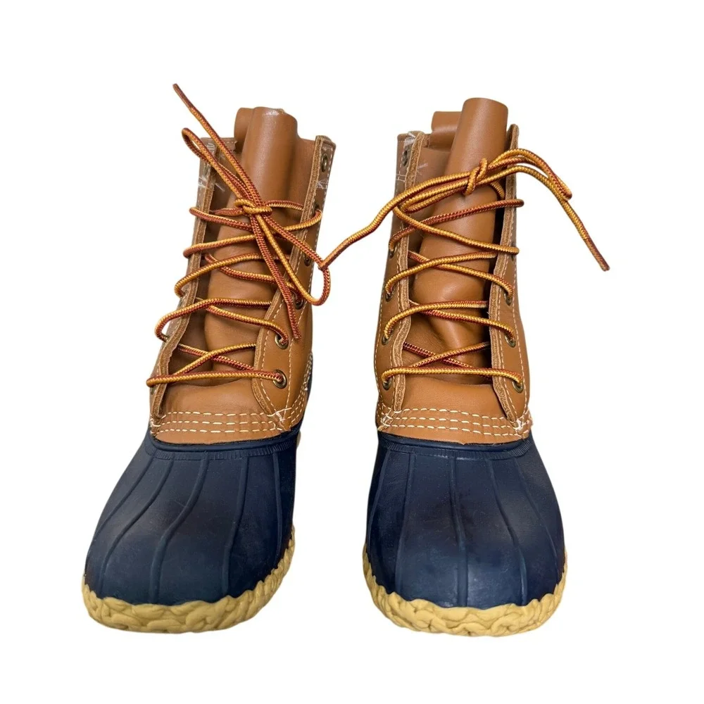 LL Bean Boots Tan Navy Blue‎ Leather Rubber Waterproof Duck Boots 6M Narrow USA